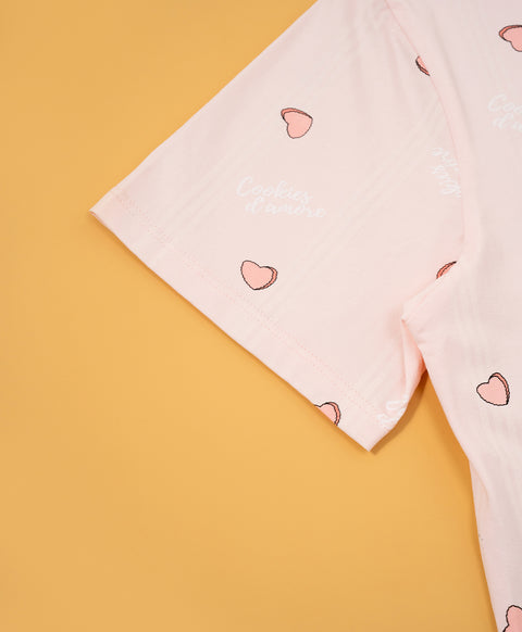 Cookies d'amore Satin Short Sleeve Top & Short PJ Set-Peach