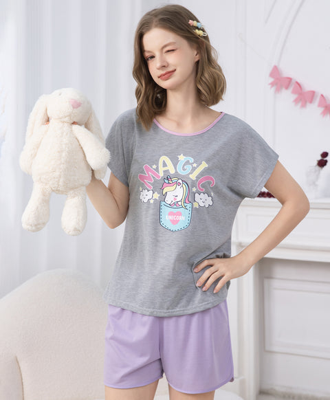 Magic Unicorn Short Sleeves Polyester Cotton Top & Shorts Sleep Set
