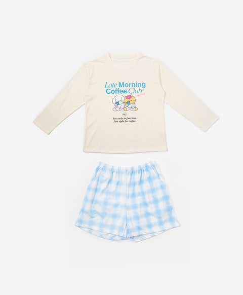 BedMood Cremo & Mello Late Morning Coffee Club Cotton Blend Long Sleeves Top & Shorts Set - Cream