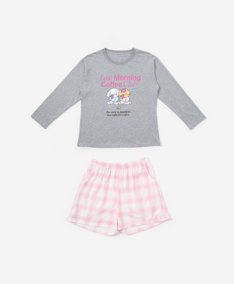 BedMood Cremo & Mello Late Morning Coffee Club Cotton Blend Long Sleeves Top & Shorts Set - Grey