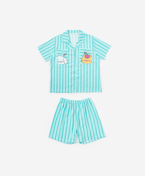 BedMood Cremo & Mello I'm in Bed Mood Polyester PJ Short Sleeves Top & Shorts Set - Green