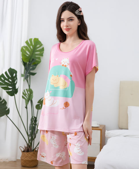 To Be A Happy Cat Short Sleeves Microfiber Top & Bottom Sleep Set
