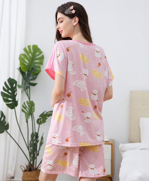 To Be A Happy Cat Short Sleeves Microfiber Top & Bottom Sleep Set