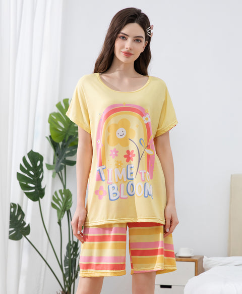 Time to Bloom Short Sleeves Microfiber Top & Bottom Sleep Set