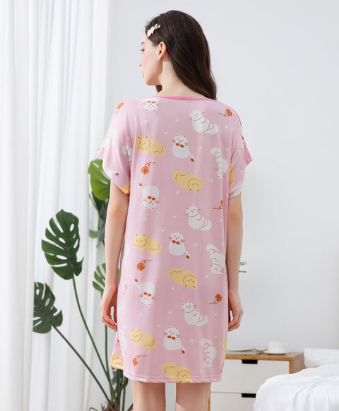 To Be A Happy Cat Microfiber Short Sleeves Sleep Dress