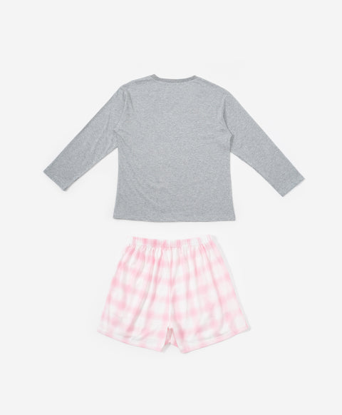 BedMood Cremo & Mello Late Morning Coffee Club Cotton Blend Long Sleeves Top & Shorts Set - Grey