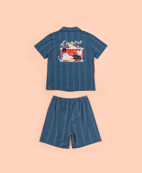 Cookies d'amore Satin Short Sleeve Top & Short PJ Set-Dark Blue