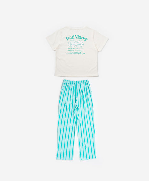 BedMood Cremo & Mello No Rush. No Rules Cotton Blend Short Sleeves Top & Long Pants Set - Green