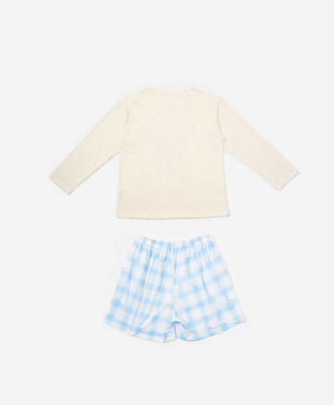 BedMood Cremo & Mello Late Morning Coffee Club Cotton Blend Long Sleeves Top & Shorts Set - Cream