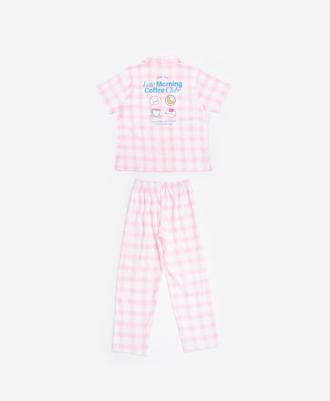 BedMood Cremo & Mello Join The Late Morning Coffee Club Polyester PJ Short Sleeves Top & Long Pants Set - Pink