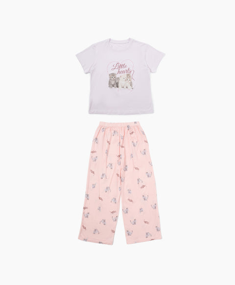Junior Catitude-ing Short Sleeves Top & Long Pants Sleep Set