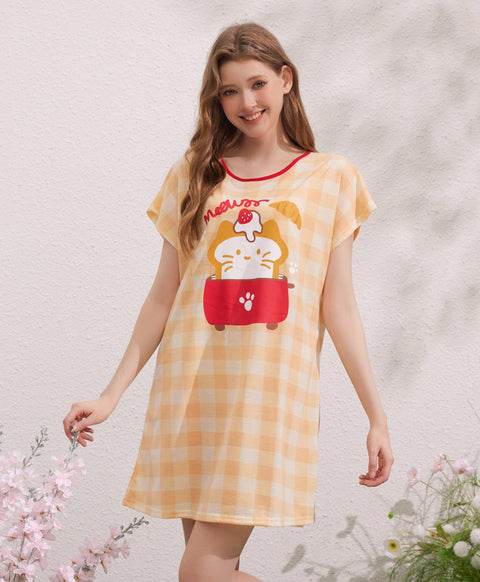 Meow Dessert Time Polyester Cotton Short Sleeves Sleep Dress