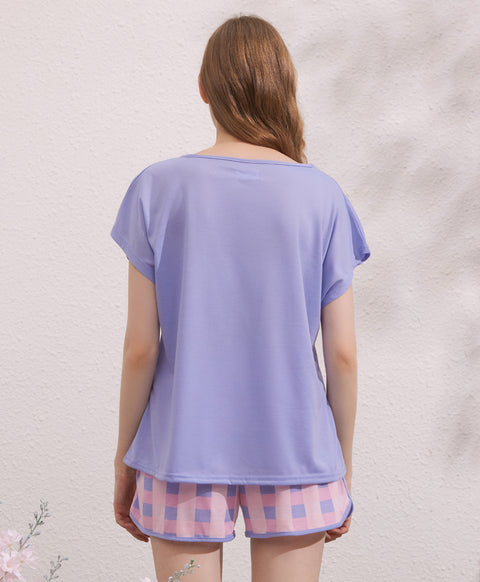Sweet Cat Bow Bow Short Sleeves Polyester Cotton Top & Bottom Sleep Set