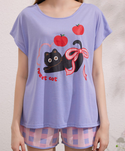 Sweet Cat Bow Bow Short Sleeves Polyester Cotton Top & Bottom Sleep Set