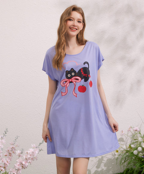 Sweet Cat Bow Bow Polyester Cotton Short Sleeves Sleep Dress