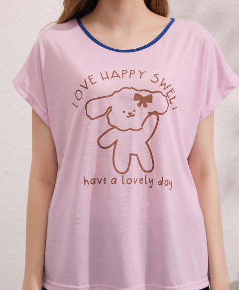 Love Happy Sweet Polyester Cotton Short Sleeves Top & Bottom Sleep Set