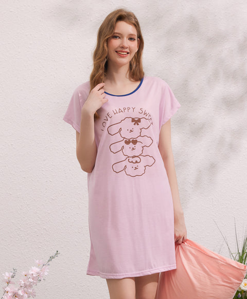 Love Happy Sweet Short Sleeves Polyester Cotton Sleep Dress