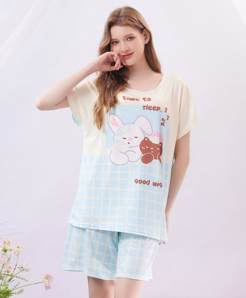 Times To Sleep Short Sleeves Microfiber Top & Bottom Sleep Set