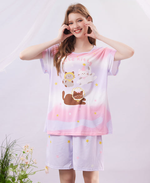 Cute Kitty Short Sleeves Microfiber Top & Bottom Sleep Set