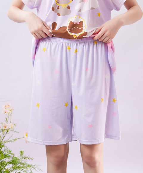 Cute Kitty Short Sleeves Microfiber Top & Bottom Sleep Set
