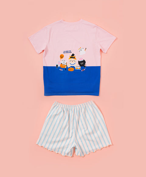 Meow-lloweeen Party Short Sleeves Top and Short Sleep Set