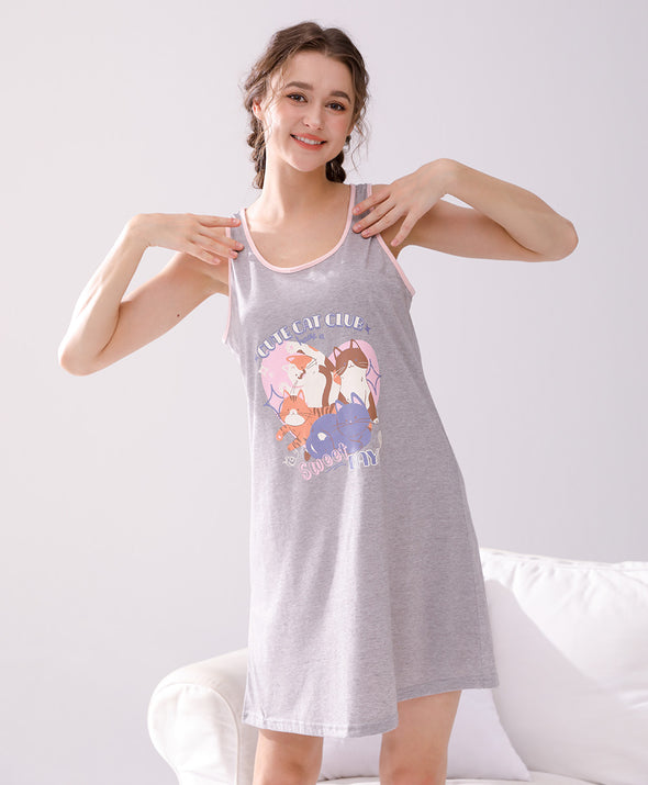 Cute Cat Club Sleeveless Sleep Dress