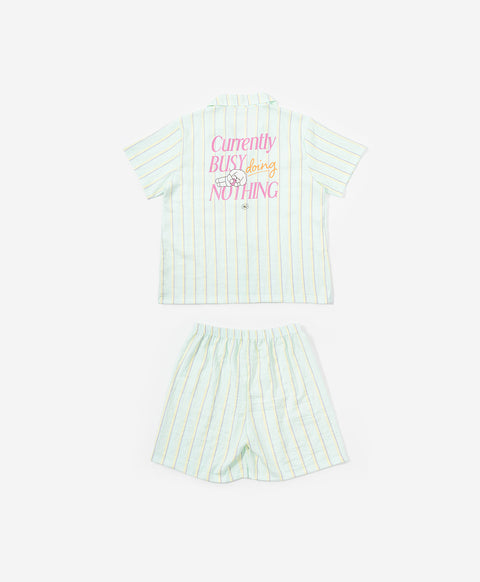 BedMood Cremo Currently Busy Doing Nothing Polyester PJ Short Sleeves Top & Shorts Set - Green
