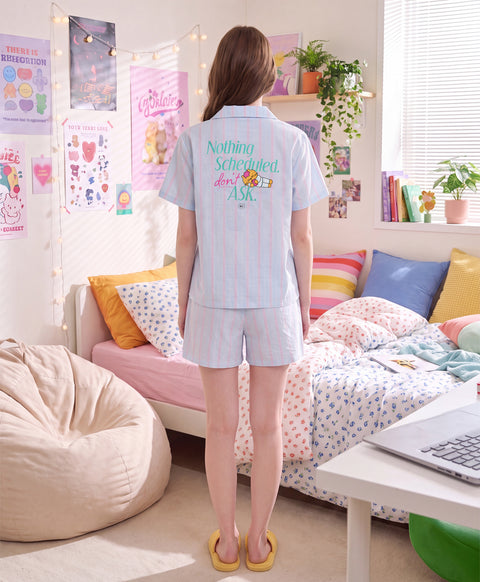 BedMood Mello Nothing Scheduled. Don't Ask. Polyester PJ Short Sleeves Top & Shorts Set - Blue