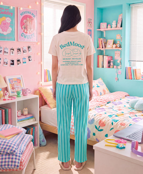 BedMood Cremo & Mello No Rush. No Rules Cotton Blend Short Sleeves Top & Long Pants Set - Green