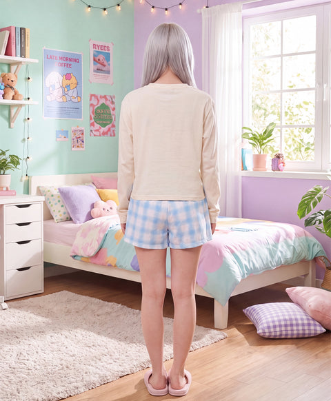 BedMood Cremo & Mello Late Morning Coffee Club Cotton Blend Long Sleeves Top & Shorts Set - Cream