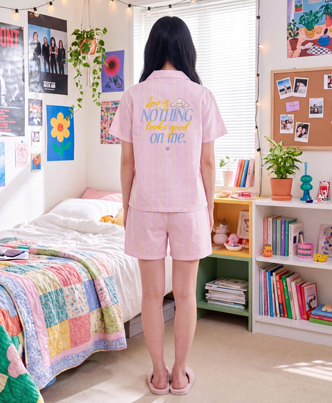 BedMood Cremo Doing Nothing Looks Good On Me Polyester PJ Short Sleeves Top & Shorts Set - Pink