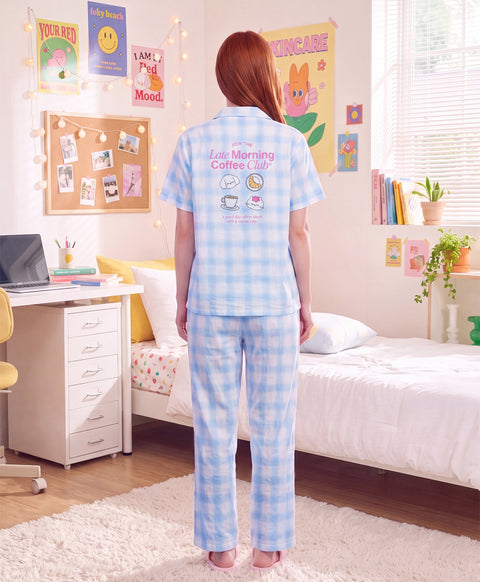 BedMood Cremo & Mello Join The Late Morning Coffee Club Polyester PJ Short Sleeves Top & Long Pants Set - Blue