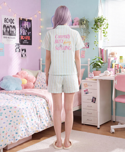 BedMood Cremo Currently Busy Doing Nothing Polyester PJ Short Sleeves Top & Shorts Set - Green