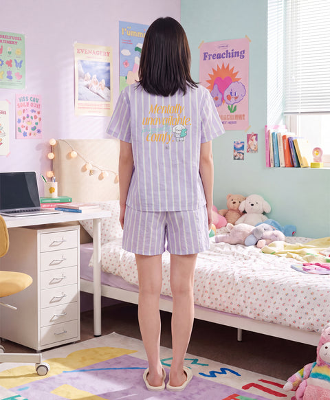 BedMood Cremo Mentally Unavailable. Physically Comfy Polyester PJ Short Sleeves Top & Shorts Set - Purple