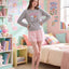 BedMood Cremo & Mello Late Morning Coffee Club Cotton Blend Long Sleeves Top & Shorts Set - Grey