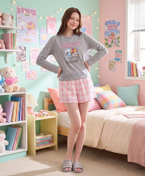BedMood Cremo & Mello Late Morning Coffee Club Cotton Blend Long Sleeves Top & Shorts Set - Grey