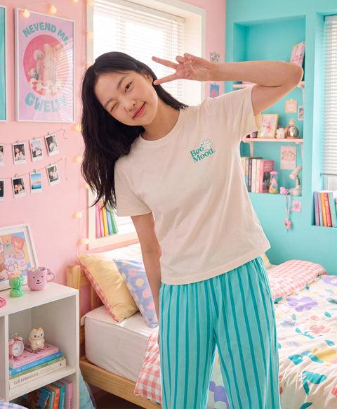 BedMood Cremo & Mello No Rush. No Rules Cotton Blend Short Sleeves Top & Long Pants Set - Green