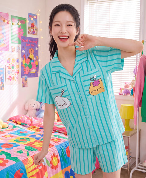 BedMood Cremo & Mello I'm in Bed Mood Polyester PJ Short Sleeves Top & Shorts Set - Green
