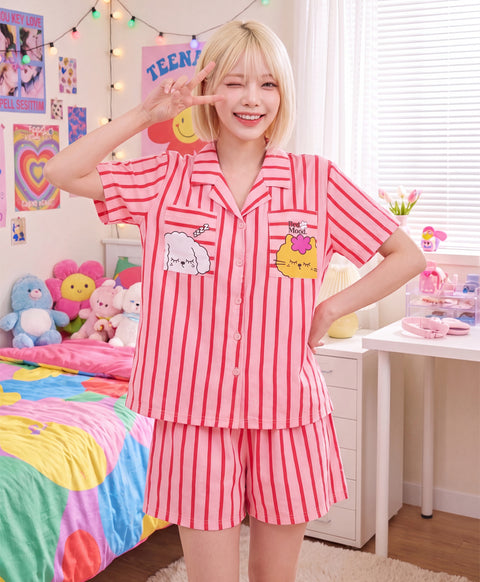 BedMood Cremo & Mello I'm in Bed Mood Polyester PJ Short Sleeves Top & Shorts Set - Pink