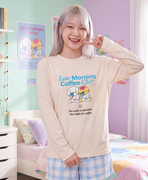 BedMood Cremo & Mello Late Morning Coffee Club Cotton Blend Long Sleeves Top & Shorts Set - Cream
