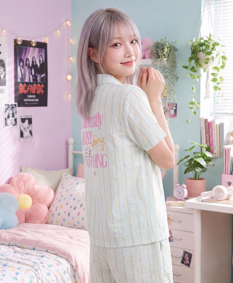 BedMood Cremo Currently Busy Doing Nothing Polyester PJ Short Sleeves Top & Shorts Set - Green