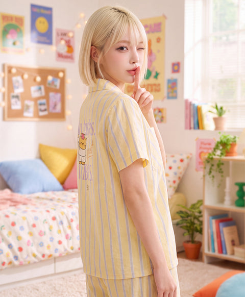BedMood Mello No Tasks. Just Vibes Polyester PJ Short Sleeves Top & Shorts Set - Yellow