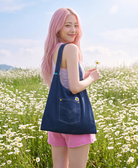 Stay Bloom Denim Smiley Tote Bag