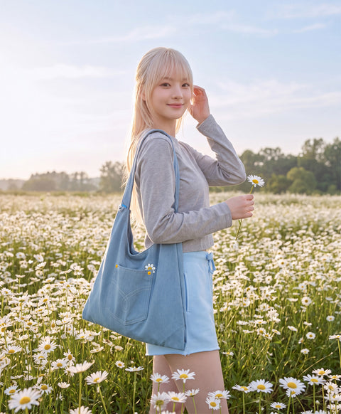 Stay Bloom Denim Smiley Tote Bag