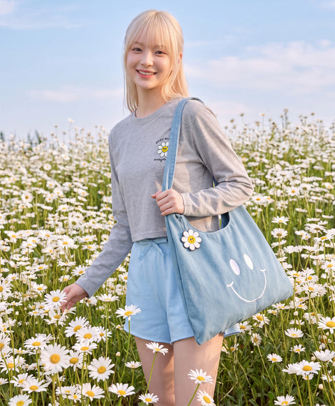 Stay Bloom Denim Smiley Tote Bag
