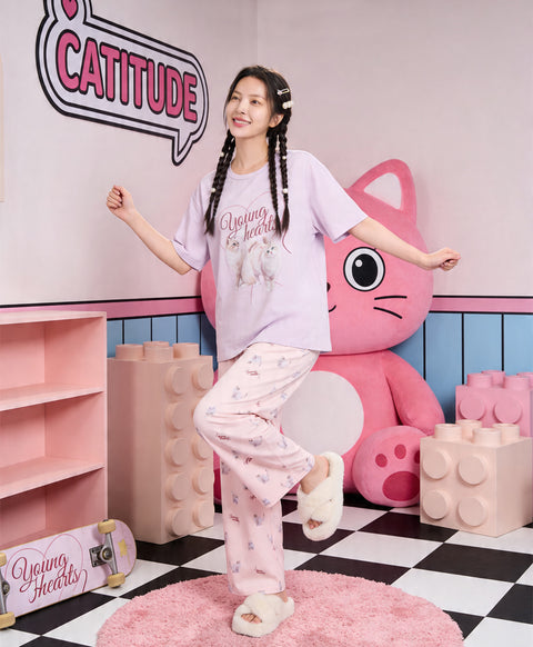 Catitude-ing Short Sleeves Top & Long Pants Set